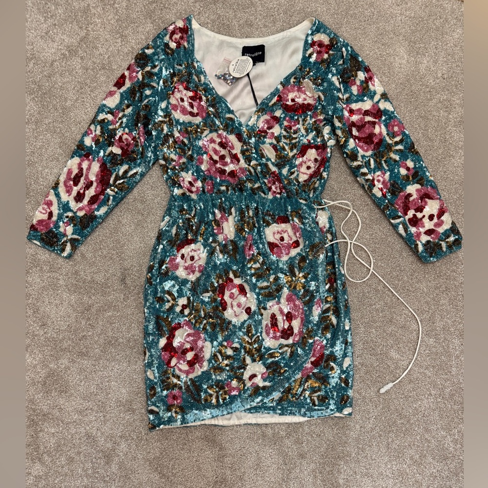 Retrofete Blue Floral Pattern Sequin Embellished Crepe Wrap Dress S - NWT - Picture 5 of 15